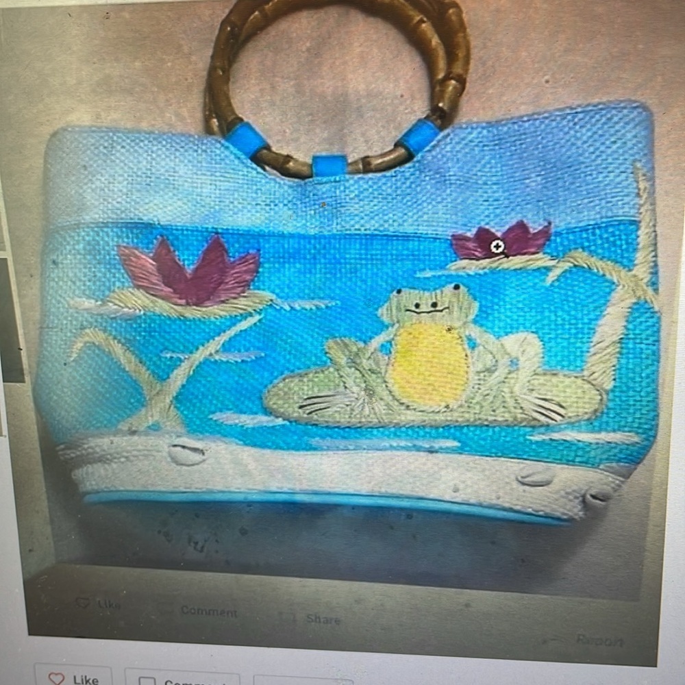 VTG "Old Country Road" Woven Frog Water Lily Pad Shell Bamboo Handle Purse